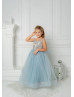 Blue Lace Tulle Beaded Long Flower Girl Dress